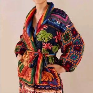 Patchwork tapestry crochet puffer jacket